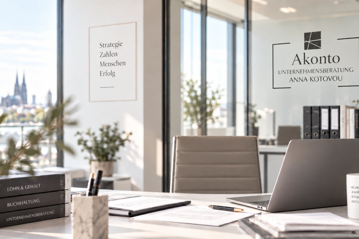 Büro der A.K.ONTO Unternehmensberatung in Stuttgart – Schreibtisch mit Laptop und Unterlagen, Logo auf der Glaswand